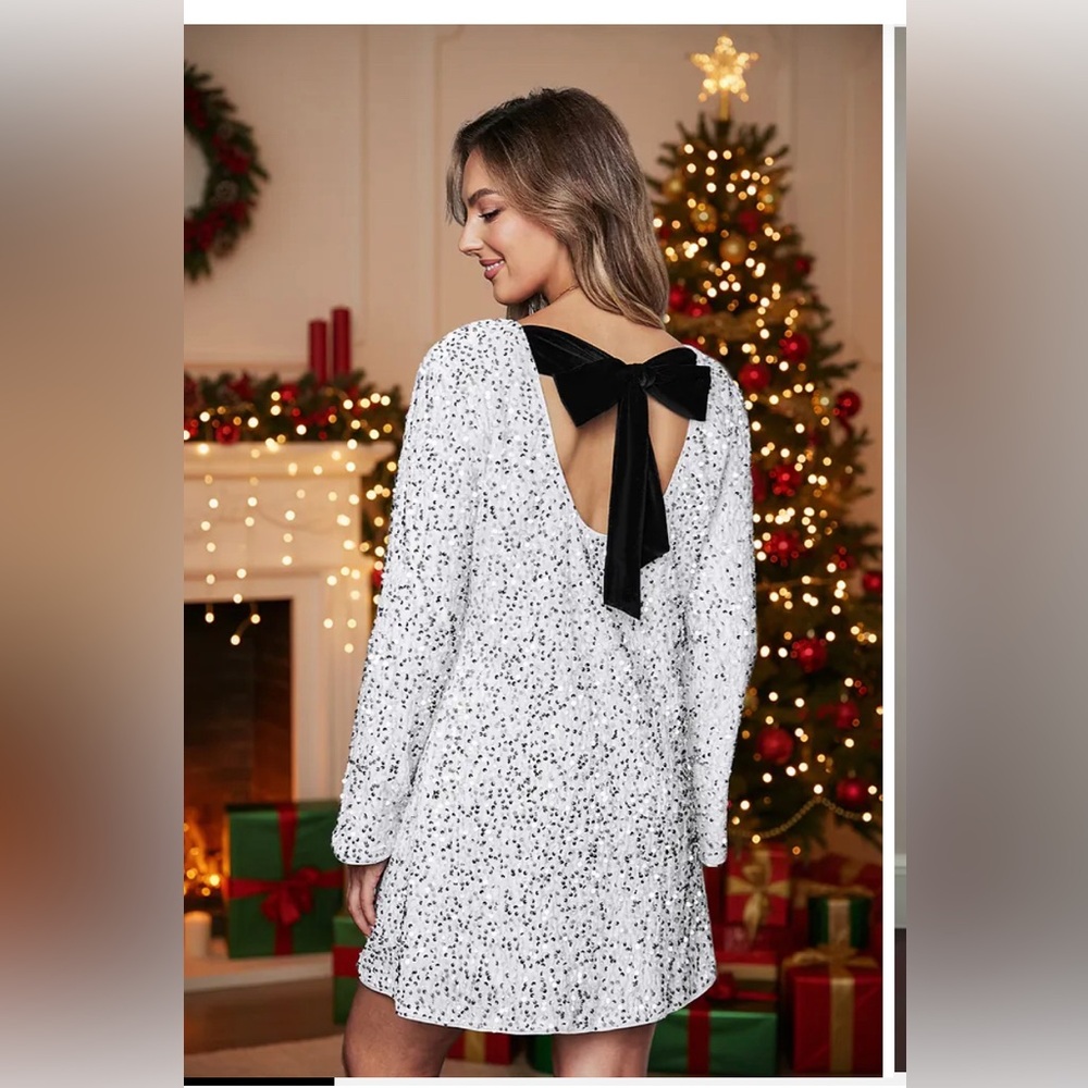Cupshe White and Black sequin boatneck flared sleeve mini dress